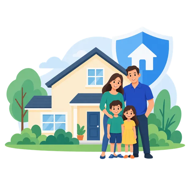 Illustration of a car, a house, a family and a small storefront